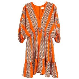 Taylor Stripe Print Orange Fit and Flare Dress Elbow Sleeve V-Neck Smocked Waist